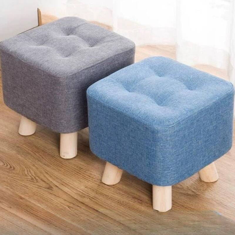 Simple Square Solid Colour Footstool with Light Blue/Brown/Apricot Colour, Natural Wood Frame, Removable Cushion Cover, and Button-tufted Design
