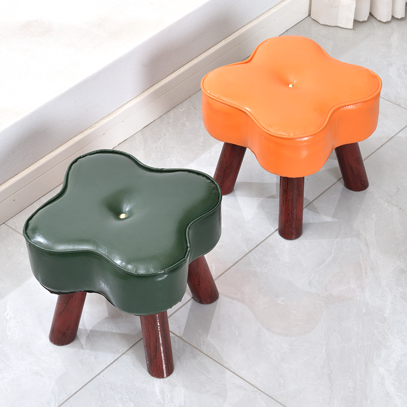 Brown/Emerald Green Simple Unique Solid Colour Footstool in Synthetic Leather with Button-tufted Design
