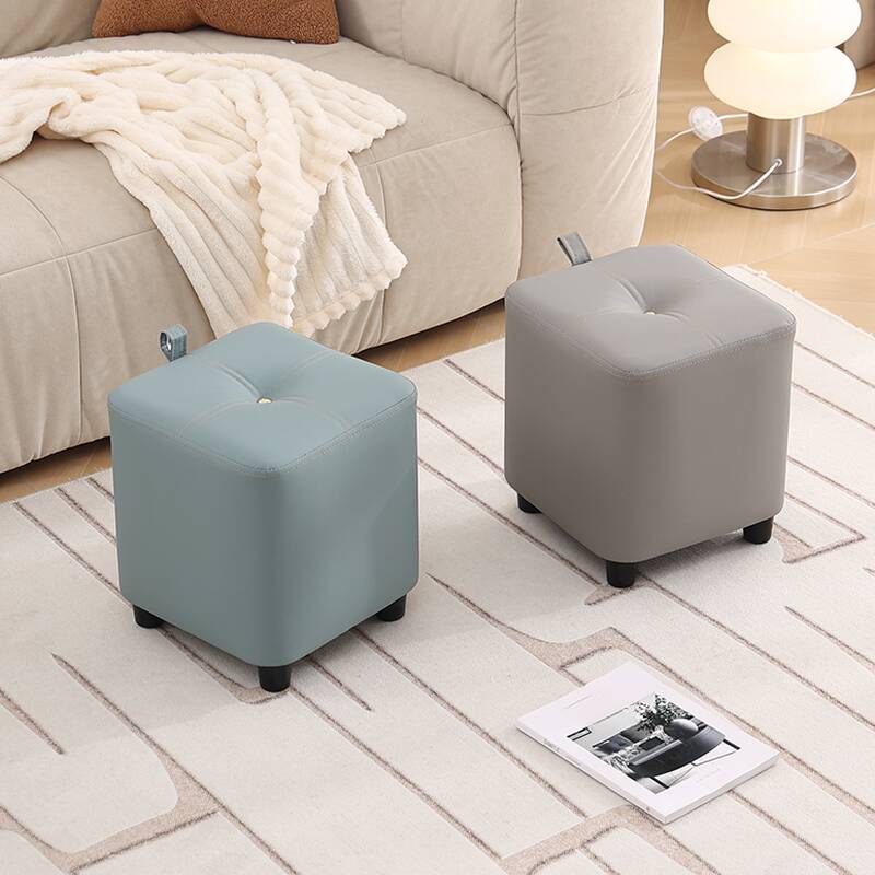 Simple Square Solid Colour Standard Ottoman with Synthetic Leather Upholstery in Light Green/Light Brown/Cream and Button-tufted Design