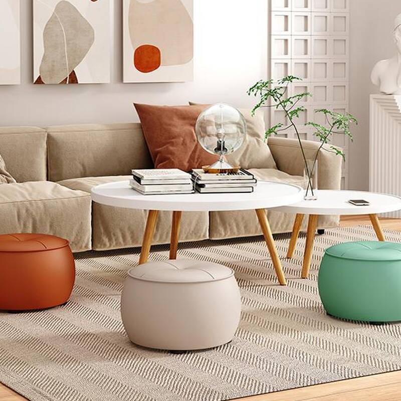 Simple Orbicular Solid Colour Standard Ottoman in Synthetic Leather with Light Gray/Olive Green/Apricot Colour Upholstery and Button-tufted Finish