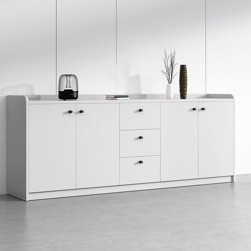 White Modish Manufactured Wood Base Cabinet with Shelves and Drawers in 4-Wide/3-Wide/2-Wide Compartments