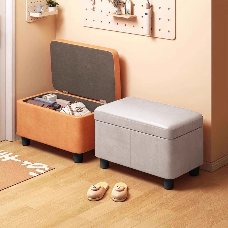 Simple Rectangle/Square Solid Colour Storage Ottoman in Light Gray/Light Blue/Apricot Colour with Stockroom and Natural Wood Frame