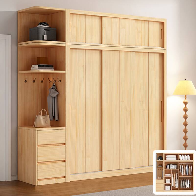 Wood Grain Modern Natural Wood Wardrobe Closet with 3-Drawer, Interior Shelves, and Clothing Rod