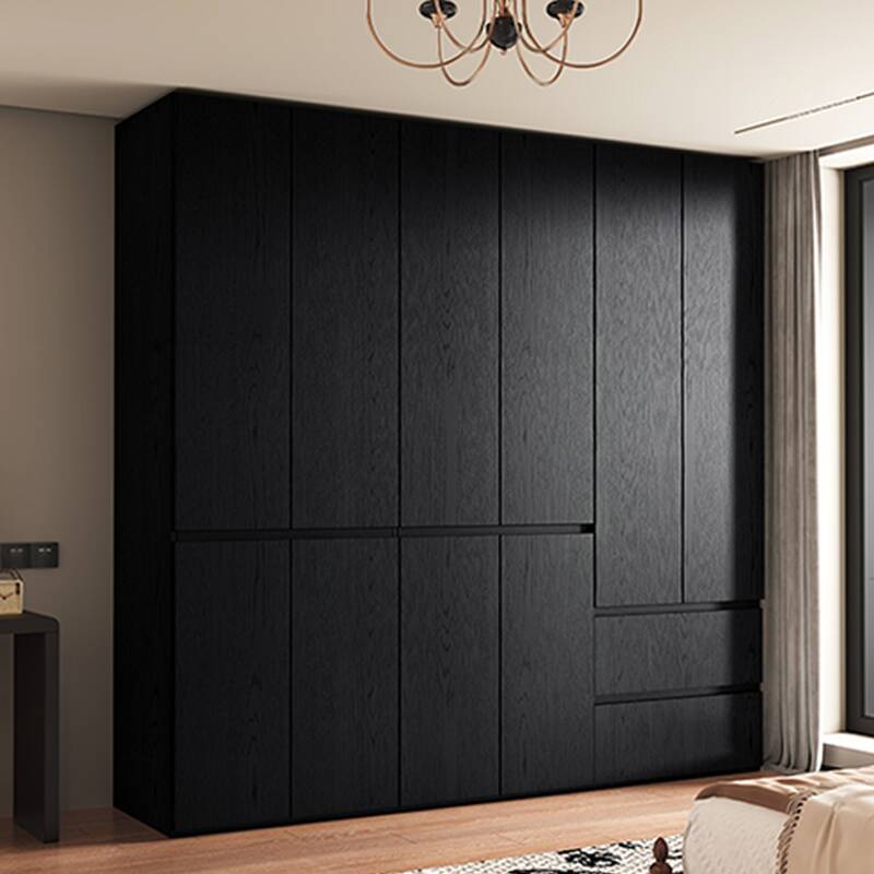 Matte Black Modern Natural Wood Wardrobe Closet with Soft Close Drawer, Soft Close Door, Interior Shelves, and Clothing Rod