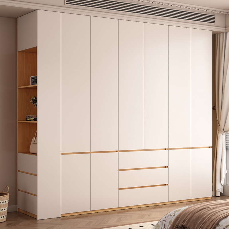 Wood Grain Modern Laminate Wardrobe Closet with Soft Close Drawer, Soft Close Door, Interior Shelves, and Clothing Rod