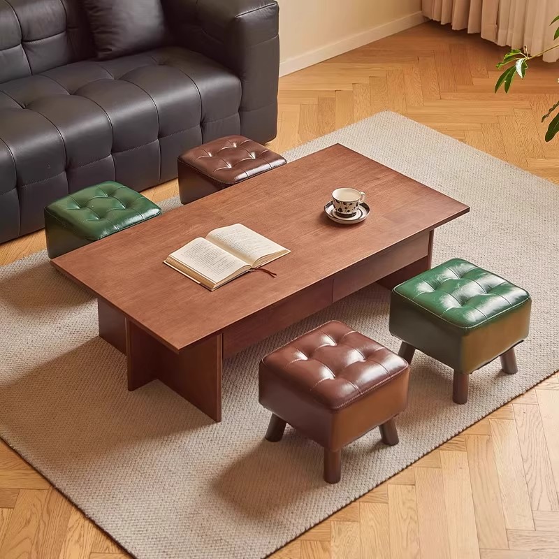 Emerald Green Simple Square Solid Colour Footstool in Synthetic Leather with Button-tufted Design