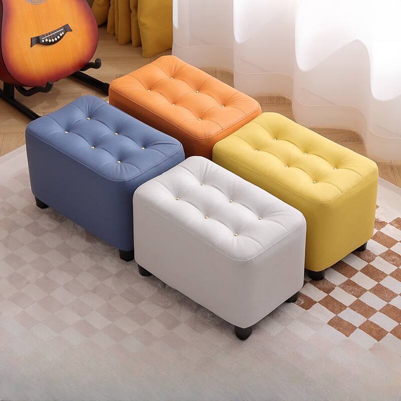 Navy Blue/Olive Green/Orange Simple Rectangular Solid Colour Footstool with Natural Wood Frame and Button-tufted Design