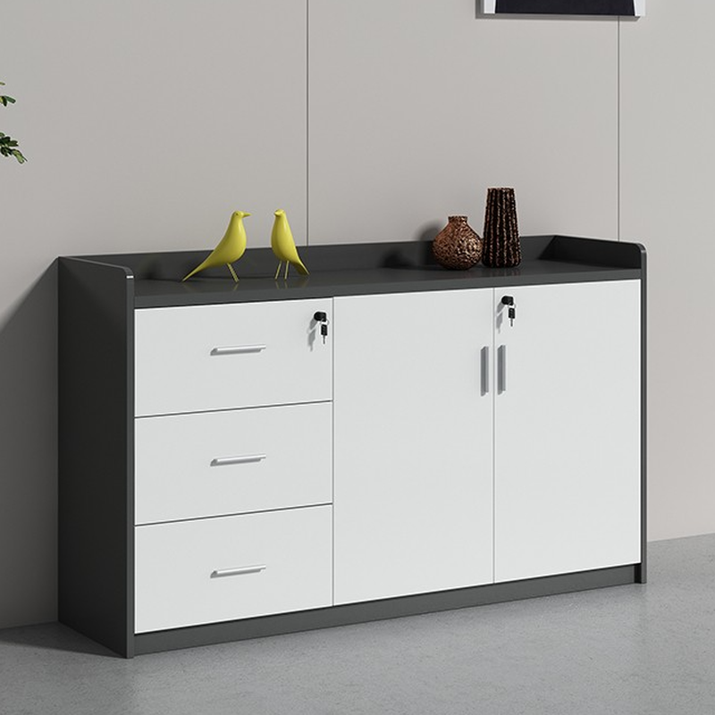 Modish Manufactured Wood Base Cabinet with Shelves, Drawers, and Locker, Featuring Locking Door, 4-Wide/2-Wide Compartments