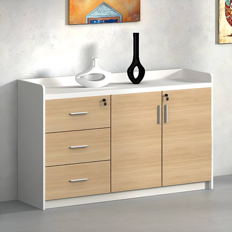 Modish Scratch Resistant Manufactured Wood Base Cabinet with Shelves, Drawers, Locking Door, and 4-Wide/2-Wide Compartments