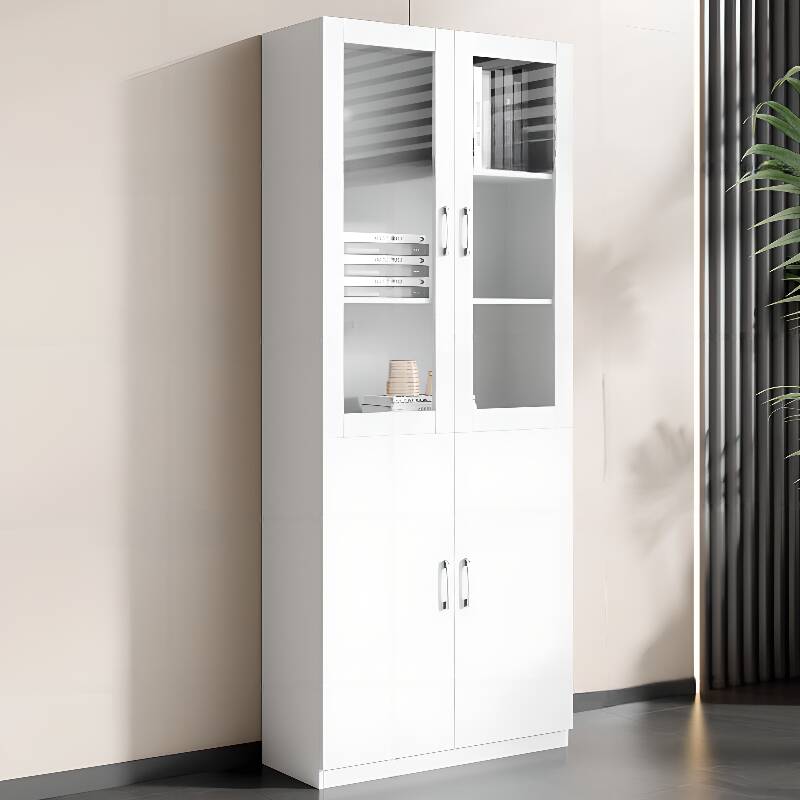 Modish Manufactured Wood Storage Cabinet with Colourfast Durability, Shelves, Locker, Clear View Doors, and 2-Wide/1-Wide Compartments