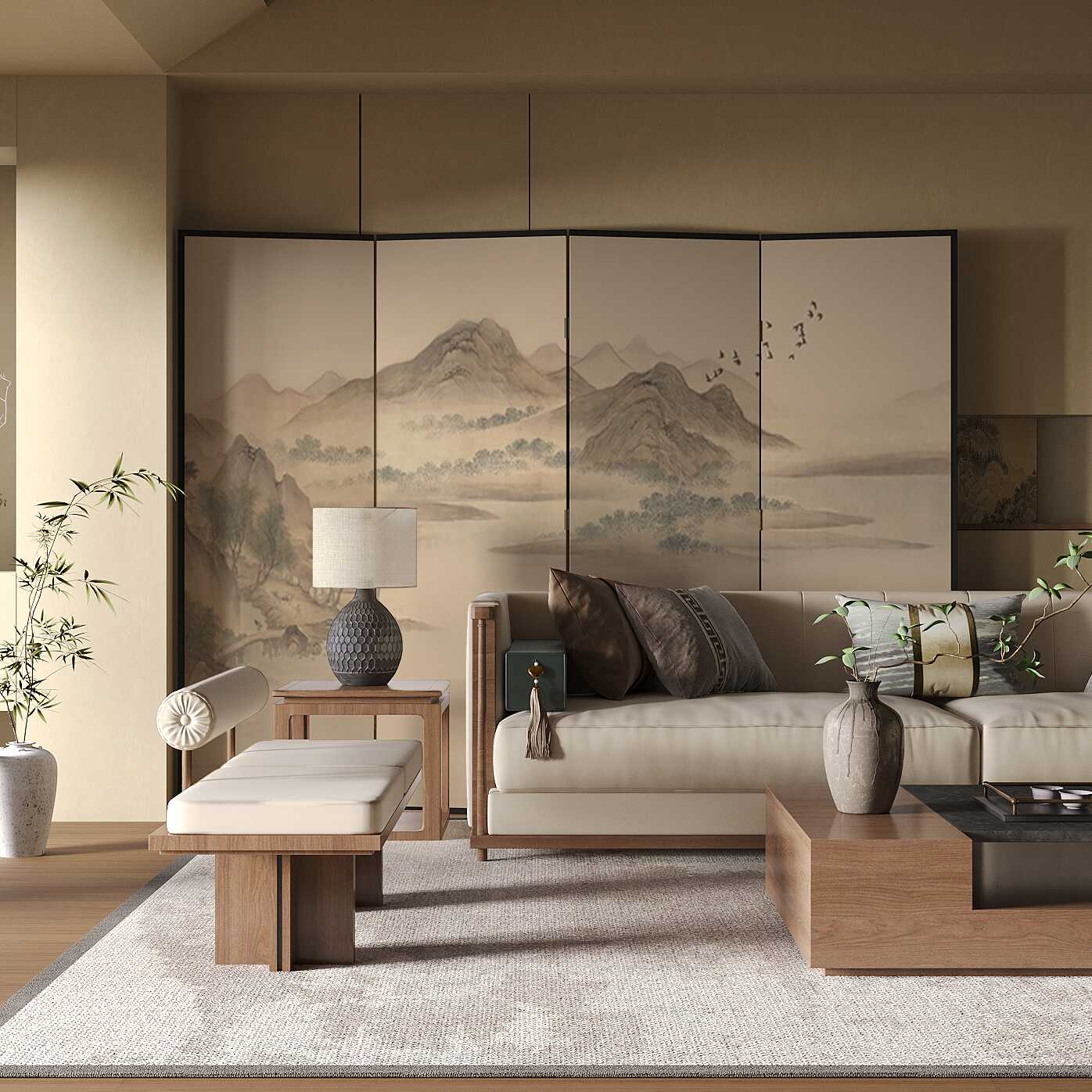 Tan Modern Opaque Pop Up Walnut Wood Frame Room Separator Wall with 5 Panels/4 Panels and Double Sided Print