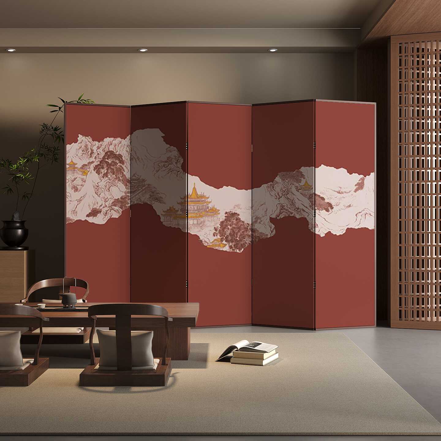 Contemporary Vermilion Opaque Double Sided Print Folding Room Divider Screen with Timber Frame
