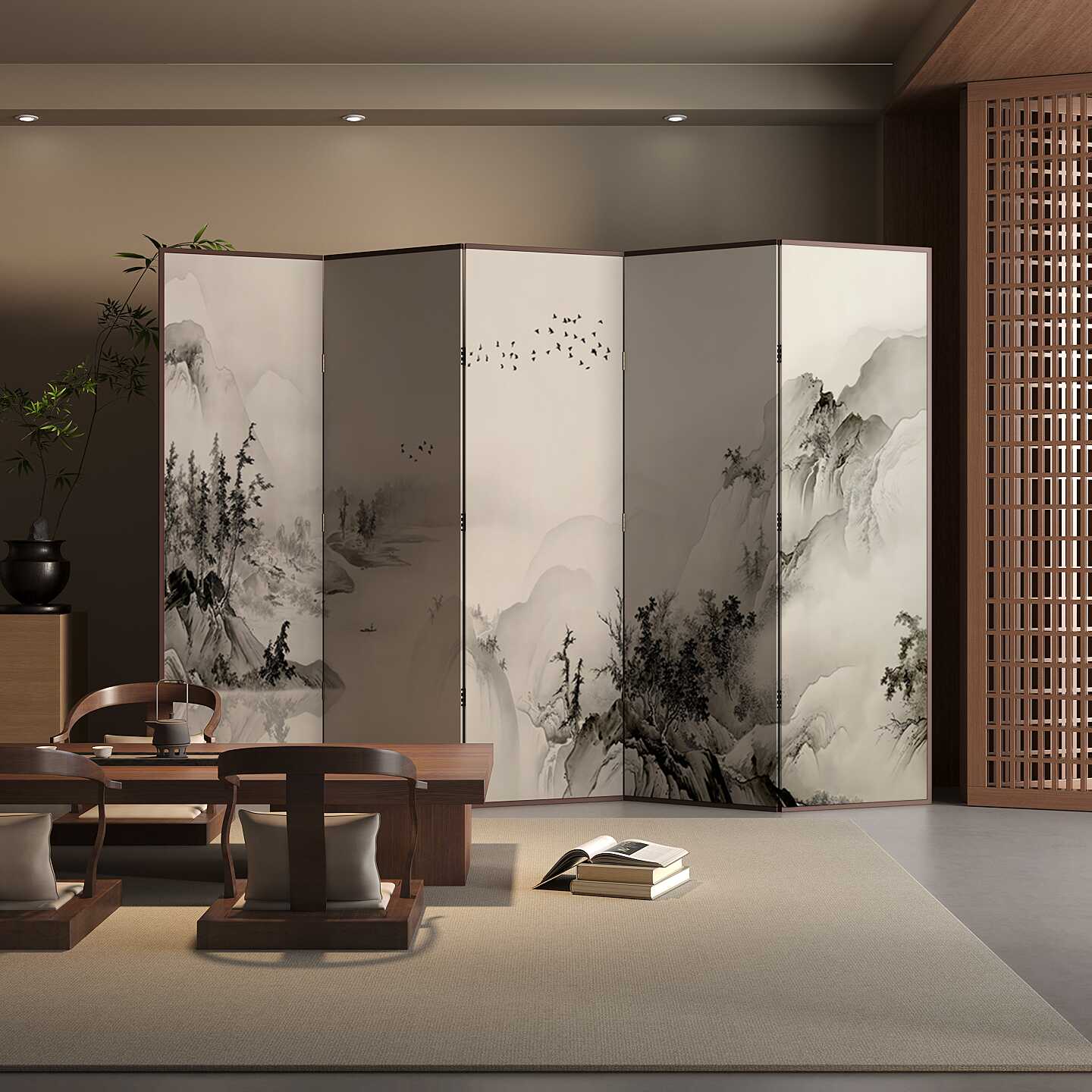 Multi-Colour Room Separator Wall in Modern Style with Opaque Pop Up Design, Walnut Wood Frame, and Double Sided Print