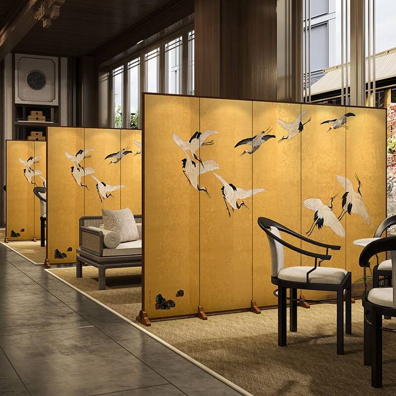 Modern Indoor Opaque Pop Up Room Separator Wall with Natural Wood Frame, 5 Panels, and Double Sided Print