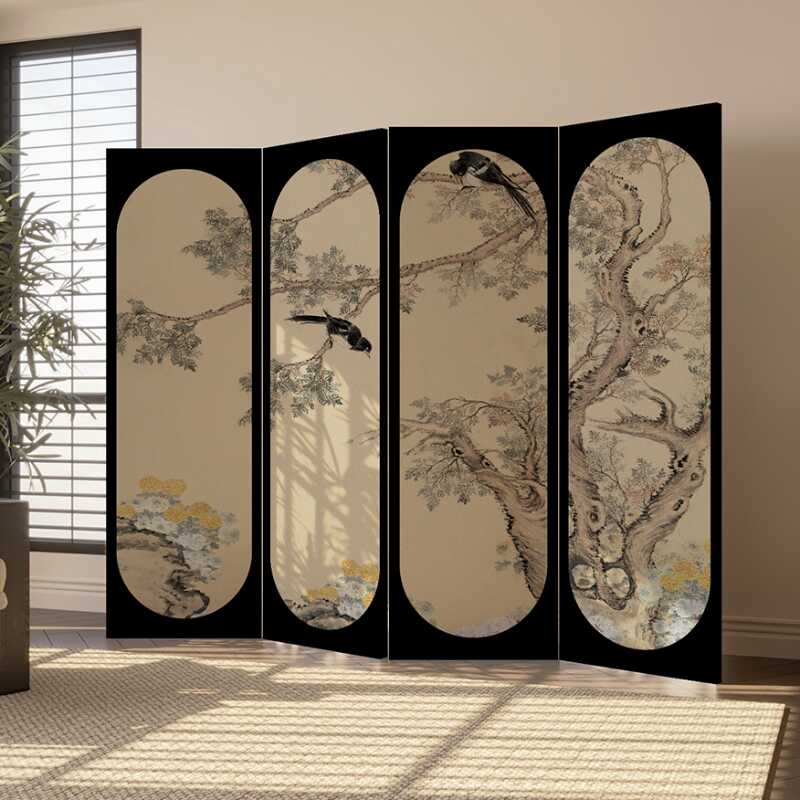 Charcoal Modern Opaque Pop Up Room Separator Wall with Natural Wood Frame and 4 Panels, Double Sided Print