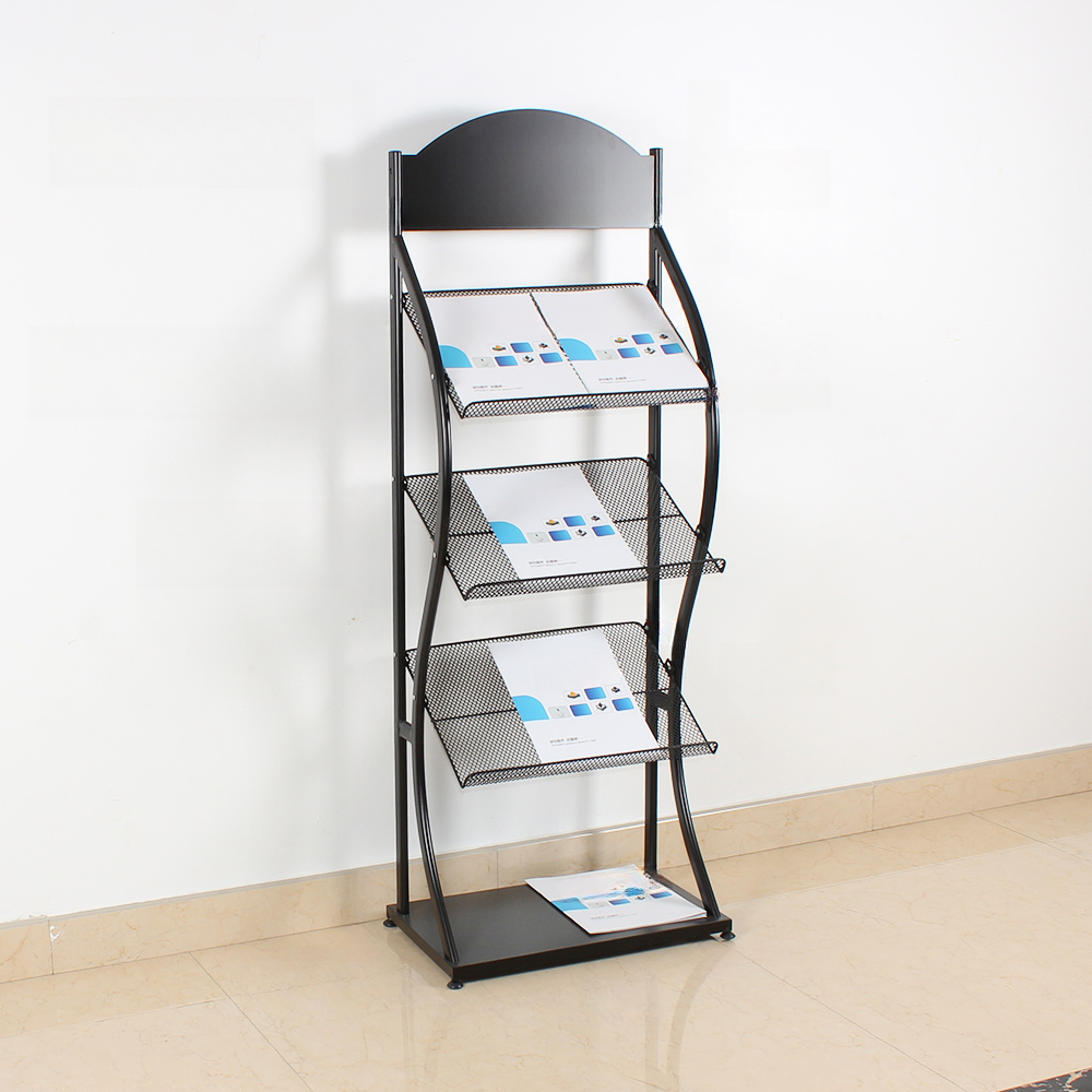 Black/Chalk Art Deco Metal Magazine Holder with 15 in & Above Length and 10 in & Above Height, Featuring Shelves and Independent Free Standing