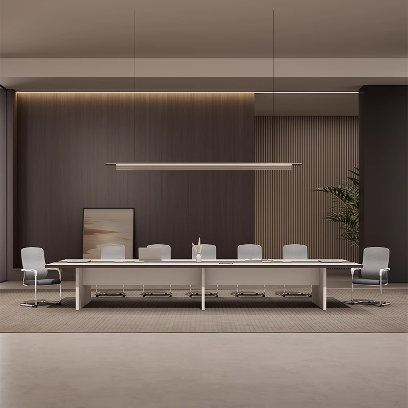 Ivory Art Deco Conference Room Table with Wear Resistant Rectangle Top for Seats 12+ in Manufactured Wood