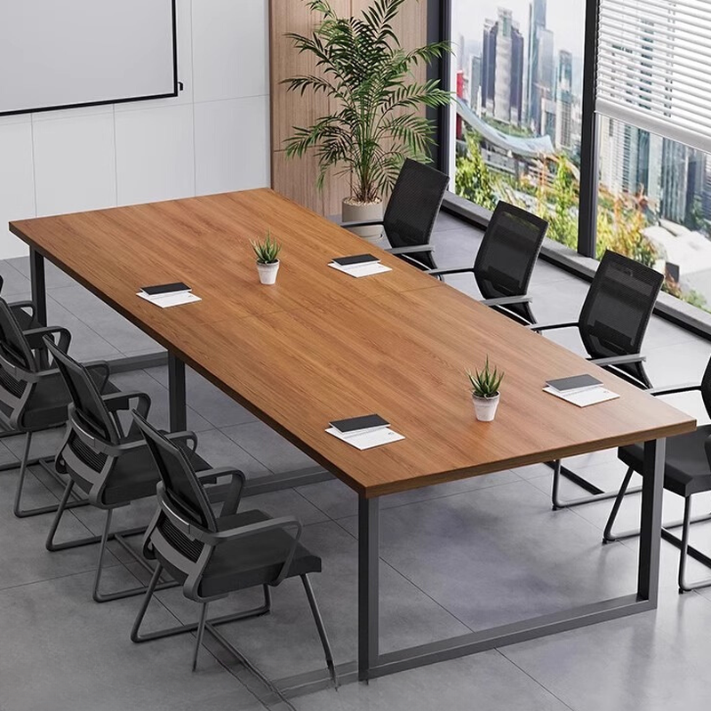 Minimalist Brown Rectangle Mdf Top Meeting Table with Metal Black Base for Seats 12+/Seats 6/10-person Seat