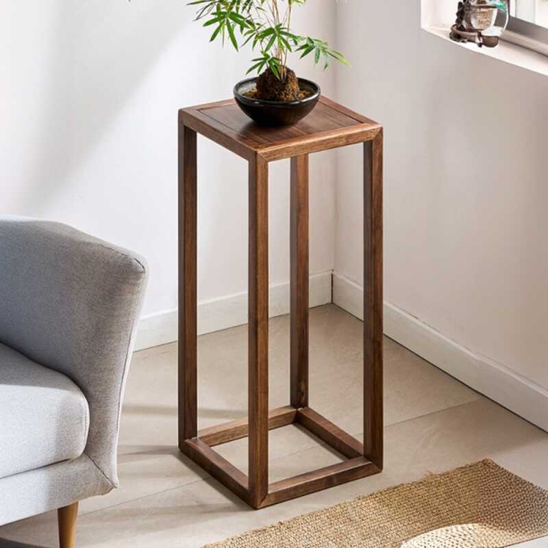 1 Piece Set Cocoa Square 1 Tier Wooden Plant Stand Table with 1 Shelf and Frame Base