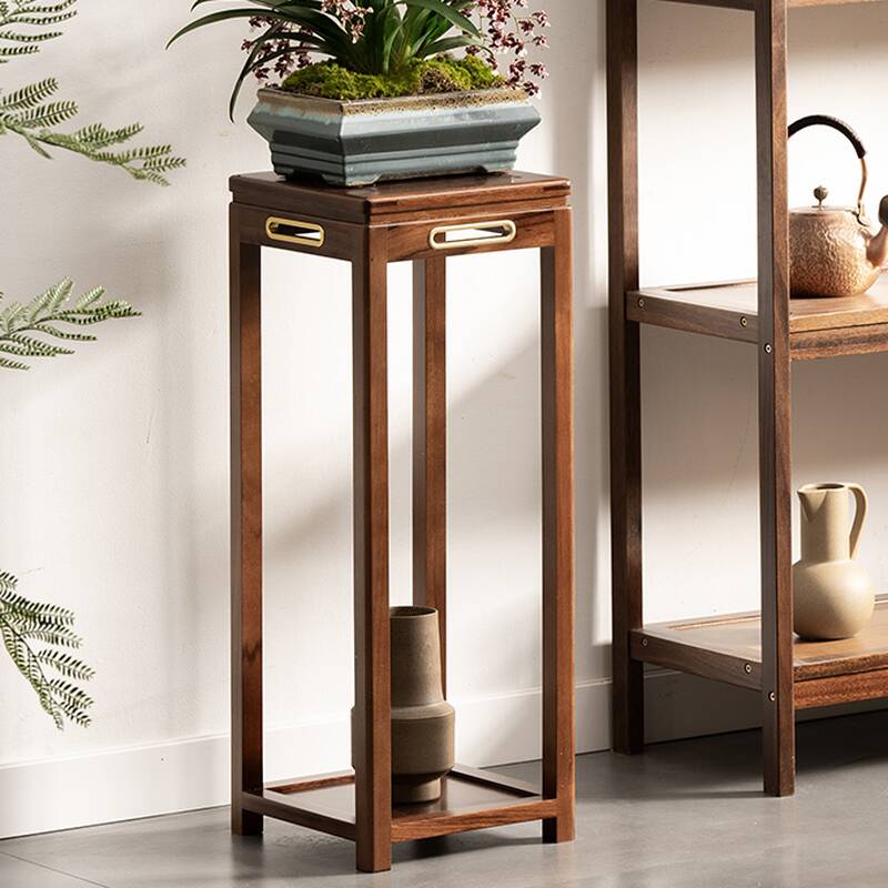 2 Tiers Square Plant Stand Side Table with Natural Wood Top, 1 Piece Set, 2 Shelves, and Legs Base