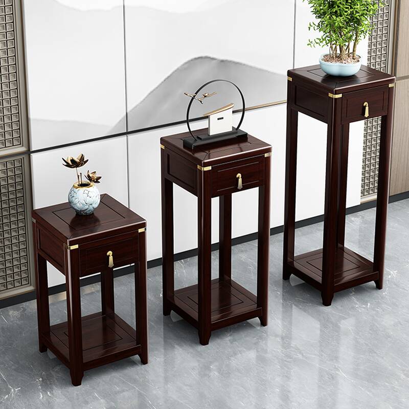 Square Rubberwood Plant Stand Side Table with Drawer