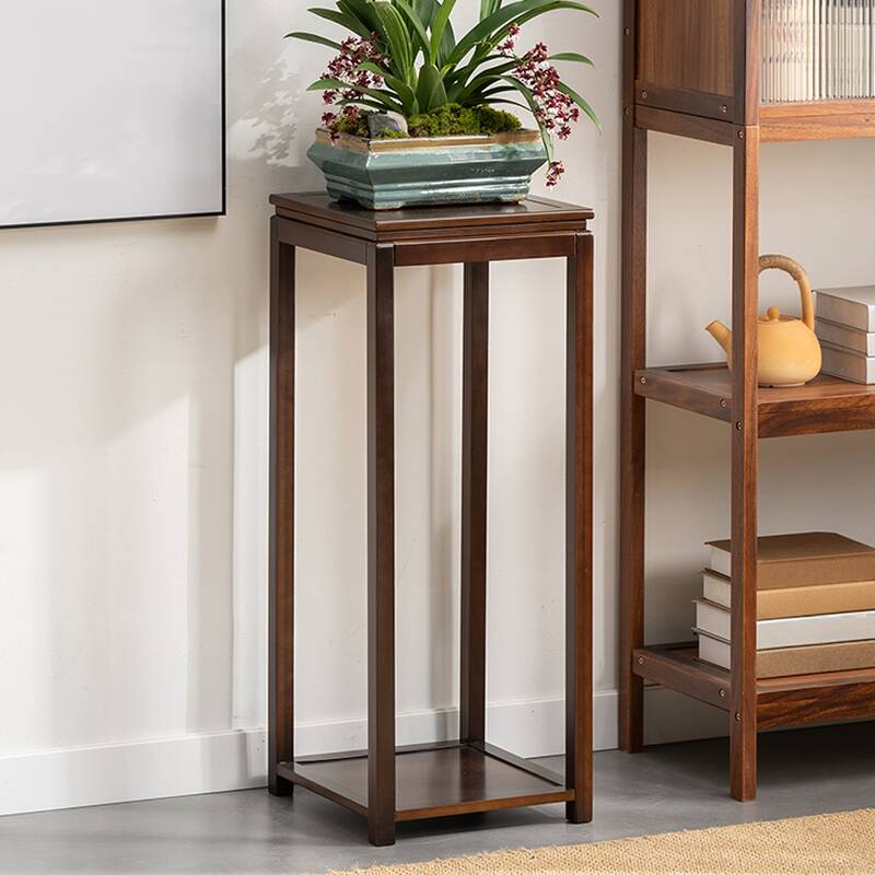 Sepia 2 Tiers Square Plant Stand Side Table with Natural Wood Top, 1 Piece Set, 2 Shelves, and Legs Base