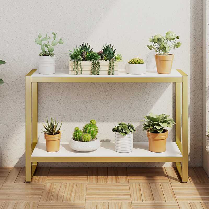 1 Piece Rectangle 2 Tiers Sintered Stone Plant Table with Sleigh Base and 2 Shelves