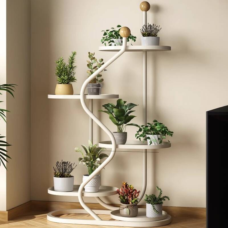 5 Tiers Oval Plant Stand with Steel Top, 1 Piece Set, 5 Shelves, and Frame Base