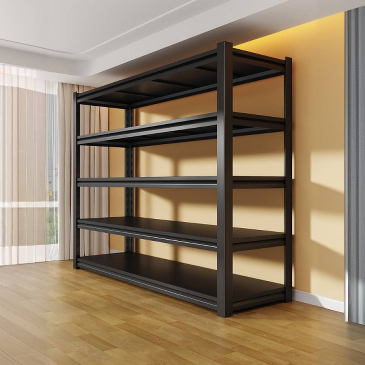 Midnight Black Casual Flameproof Warehouse Shelving Rack with Steel Frame, Unattached