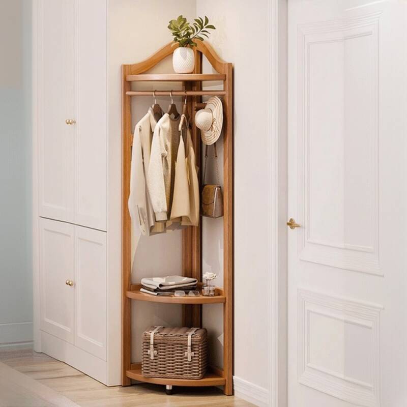 Simplistic Hall Tree with Receptacle Storage, 3 Shelves, Rubberwood Frame, and Wood Hook