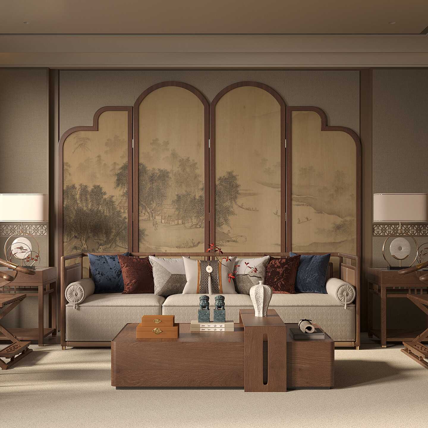 Oatmeal Art Deco Opaque Compact Pine Wood Screen Divider with Double Sided Print