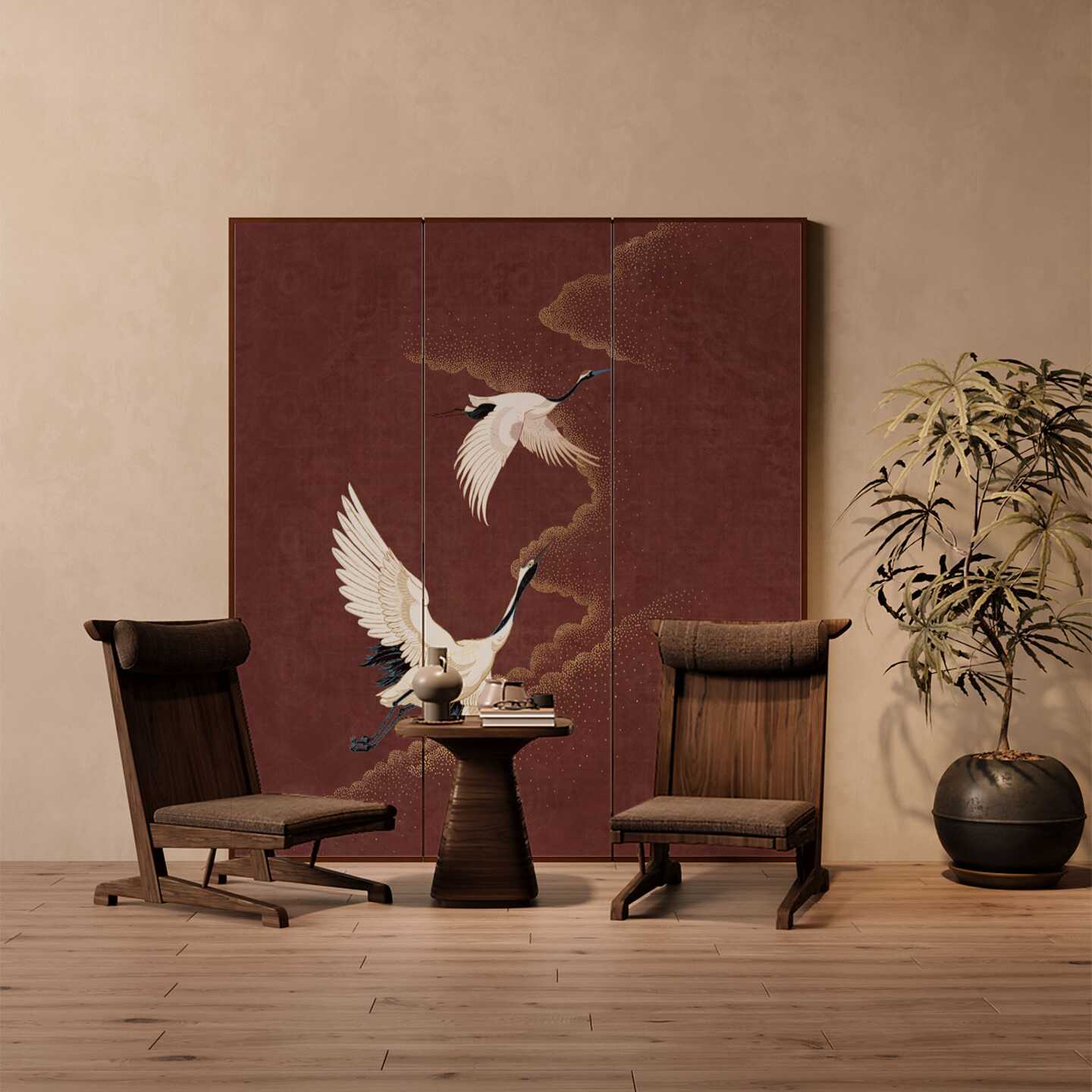 Red Wood Indoor Opaque Folding Room Divider Wall with Pine Wood Frame and Double Sided Print, Available in 4 Panels/3 Panels/2 Panels