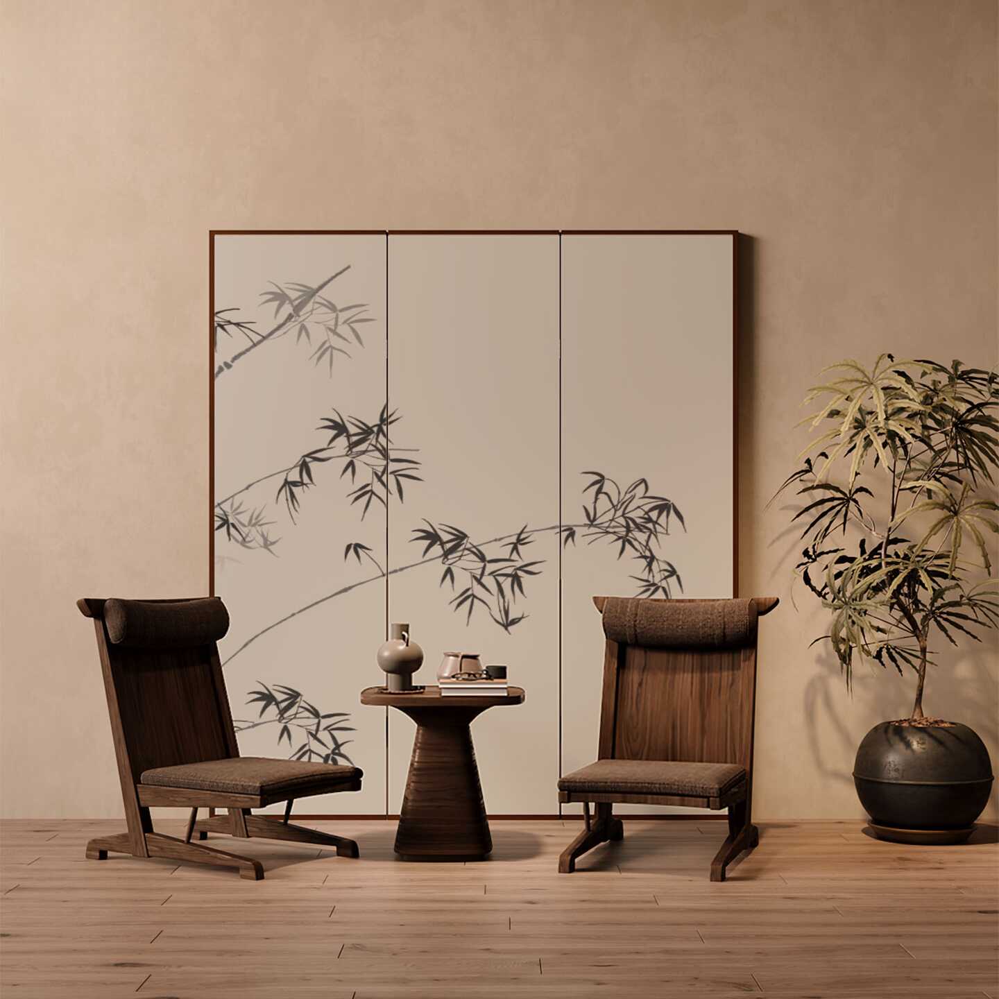 White Art Deco Opaque Compact Pine Wood Screen Divider with Double Sided Print