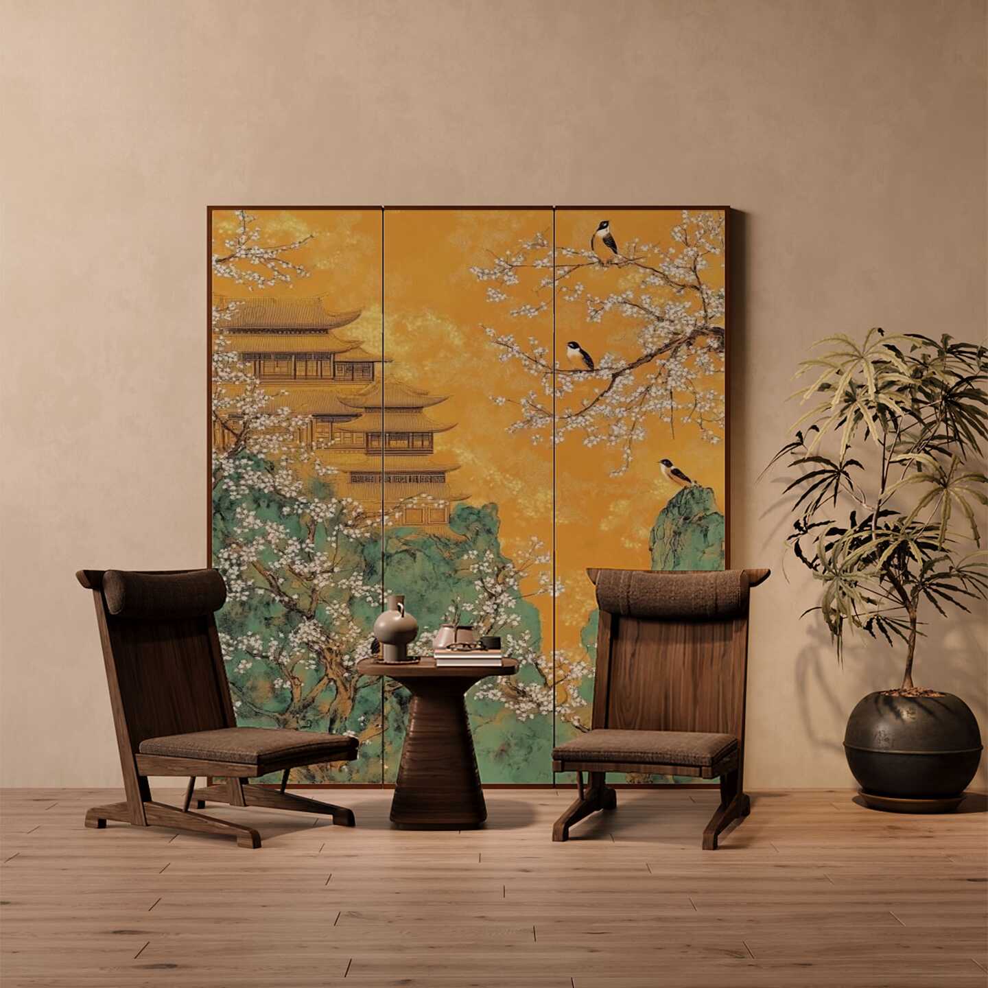 Multicolor Art Deco Opaque Compact Pine Wood Screen Divider with Double Sided Print