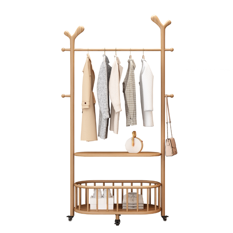 Simplistic Hall Tree with Receptacle Storage, 2 Shelves, Natural Wood Frame, and Wood Hook
