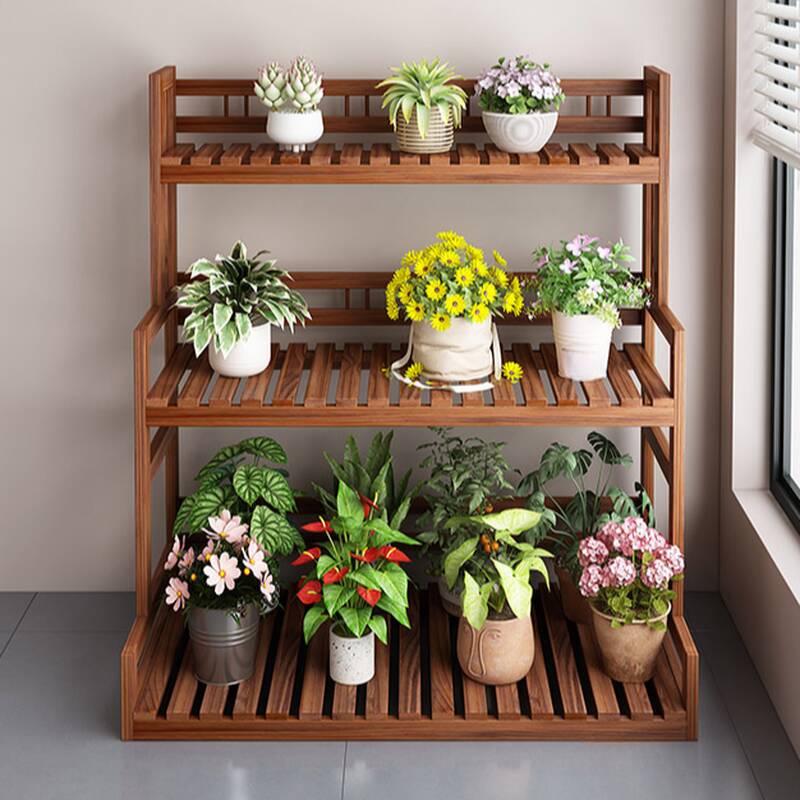 Sepia 4 Tiers Rectangle Plant Stand with Manufactured Wood Top, 1 Piece Set, 4 Shelves, Solid Base