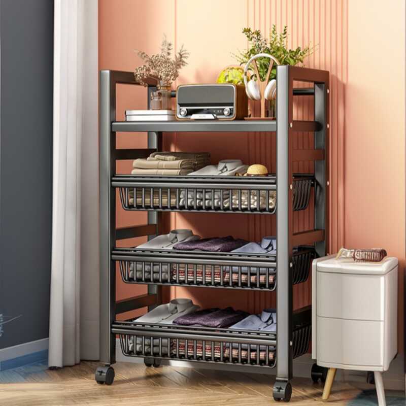 Midnight Black Casual Steel Storage Shelf Rack with Wheels, Storage Shelves, and Unattached Installation