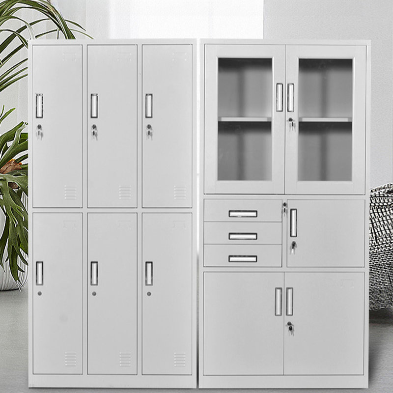 Chalk Art Deco Iron Filing Cabinet Console with Shelving, Locker, Locking Door, and 3-Wide/1-Wide/2-Wide Compartments