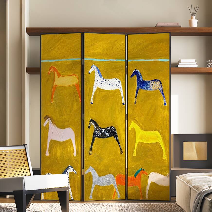 Lemon Colour Modern Opaque Pop Up Room Separator Wall with Natural Wood Frame and 3/4 Panels Double Sided Print