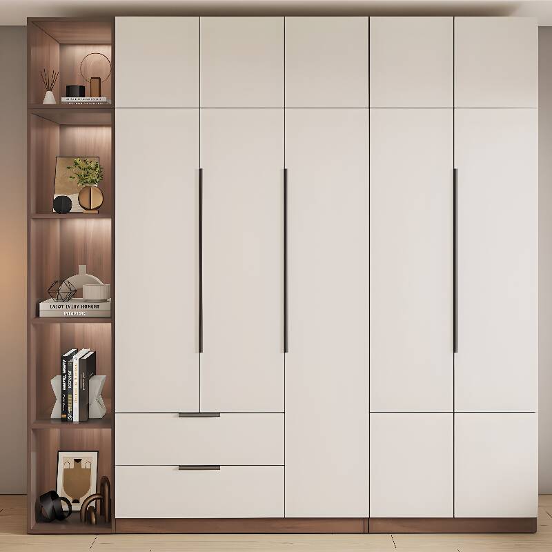 Tan Modern Reclaimed Wood Armoire Cabinet with Soft Close Drawer and Door, Interior Shelves, and Clothing Rod