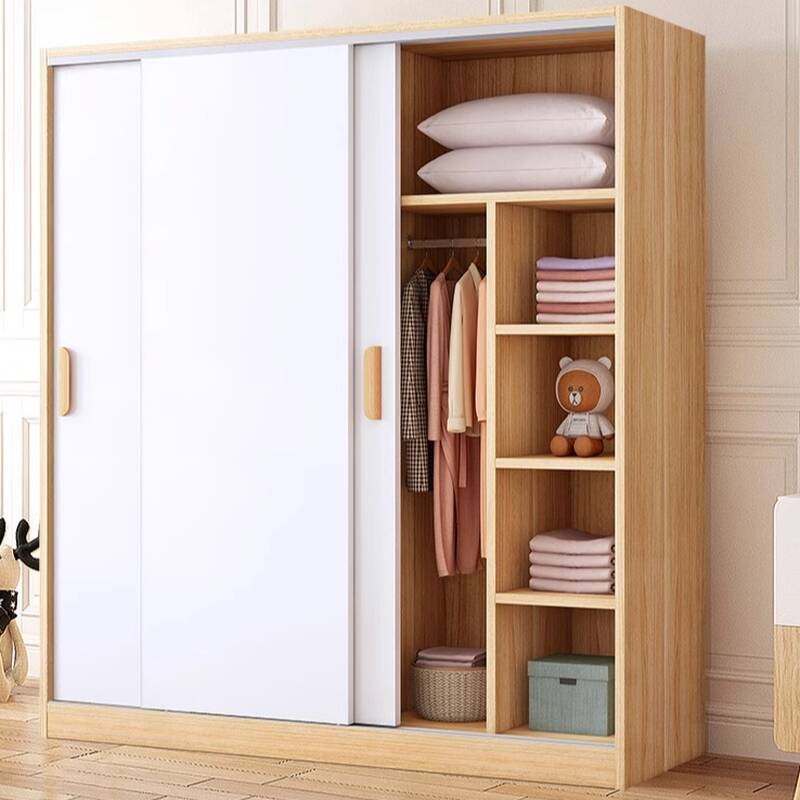 Modern Natural Wood Wardrobe Closet with Soft Close Door, Interior Shelves, and Clothing Rod