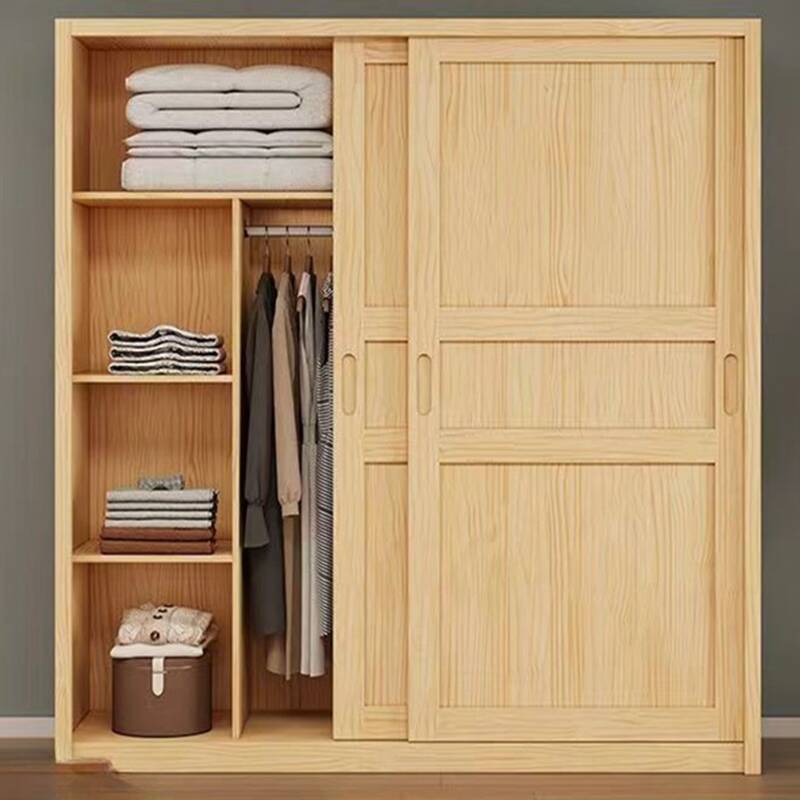 Wood Grain Modern Natural Wood Wardrobe Closet with Soft Close Door, Interior Shelves, and Clothing Rod