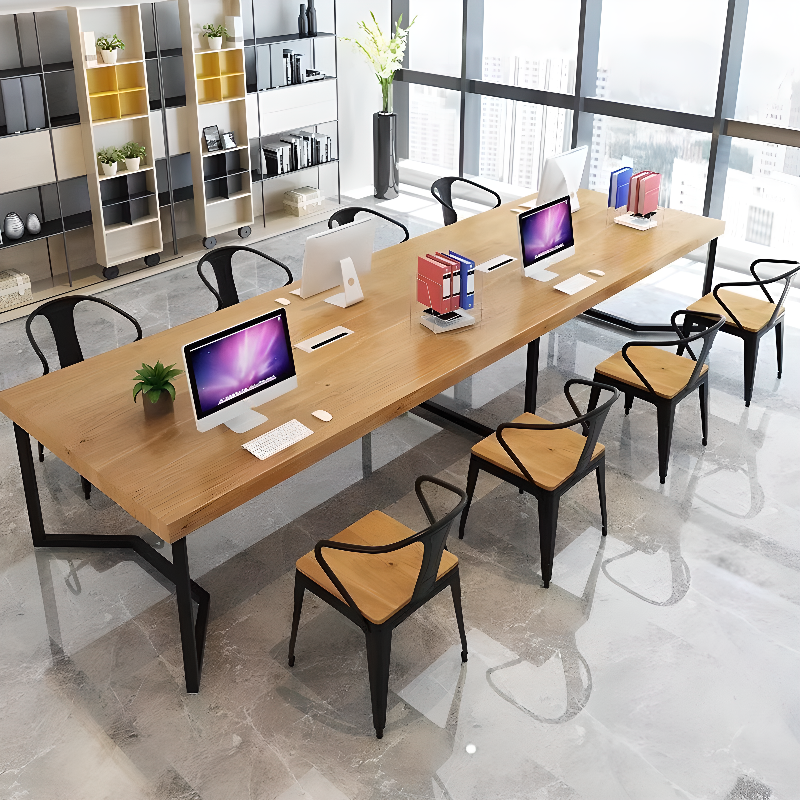 Light Natural Brown Art Deco Heat Resistant Rectangle Meeting Table for Seats 12+ with Solid Wood Tabletop