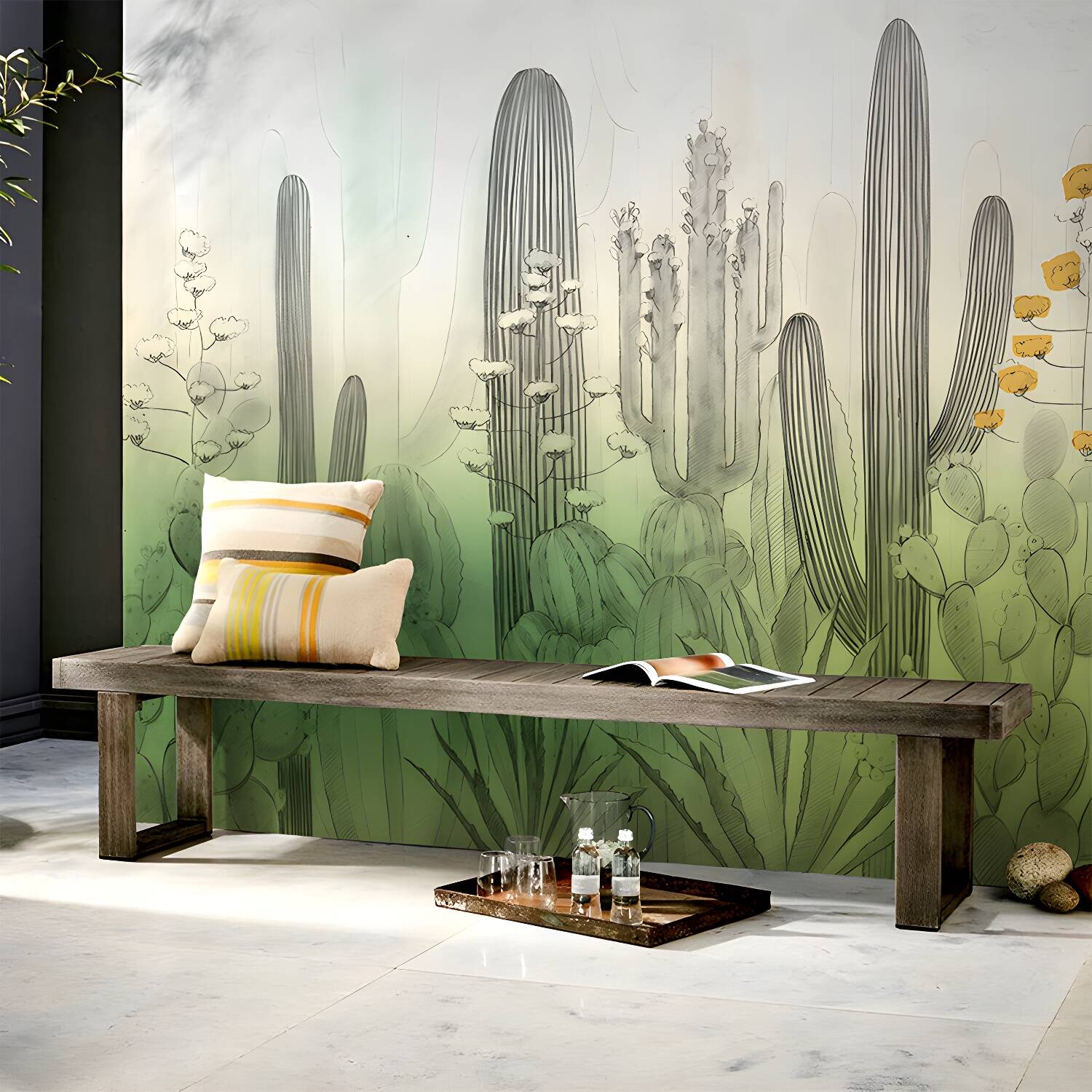Green Cactus Field Wallpaper Murals Water Resistant Wall Decor for Bedroom, Non-Woven
