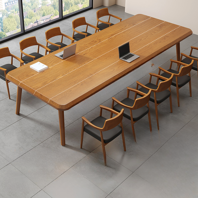 Light Natural Brown Art Deco Conference Room Table, Rust Resistant, Rectangle for 6 to 10 People, Solid Wood Top
