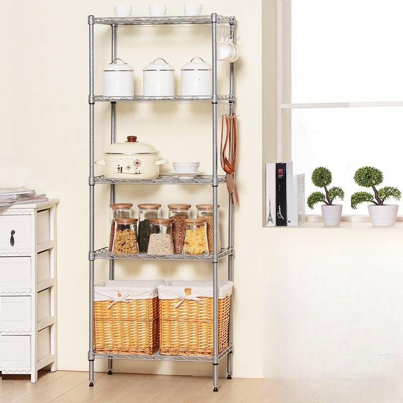 Modern Steel Tower Shelf with Adjustable Shelves, Hooks, and Independent Installation