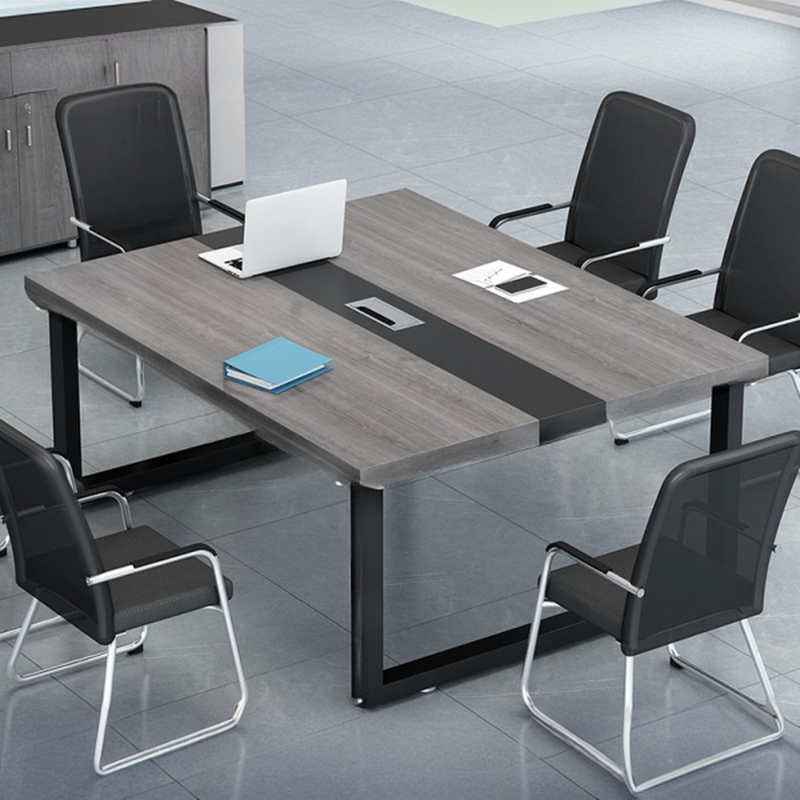 Dove Grey Art Deco Meeting Table, Waterproof Rectangle with Cable Management, Seats 12+, Manufactured Wood