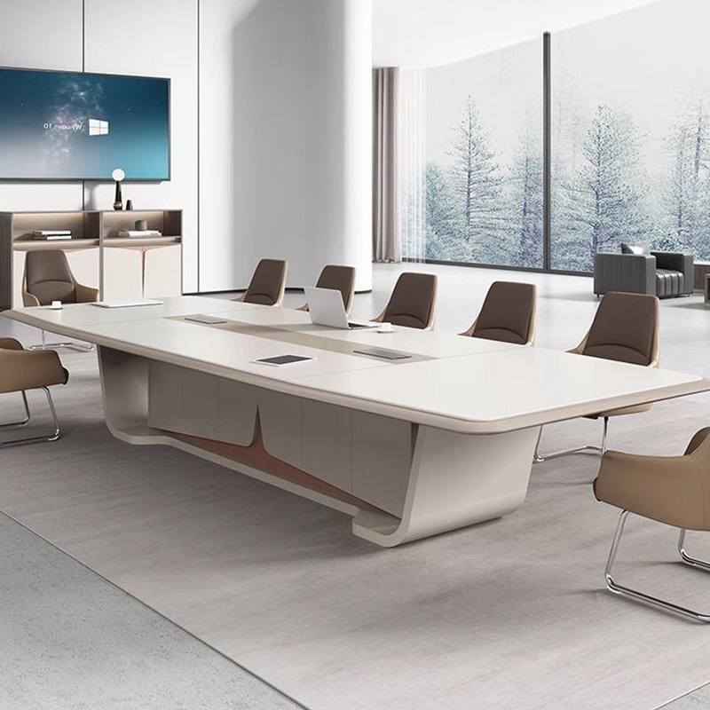 Ivory Art Deco Live Edge Meeting Table with Cable Management for Seating 12+ with Manufactured Wood Tabletop