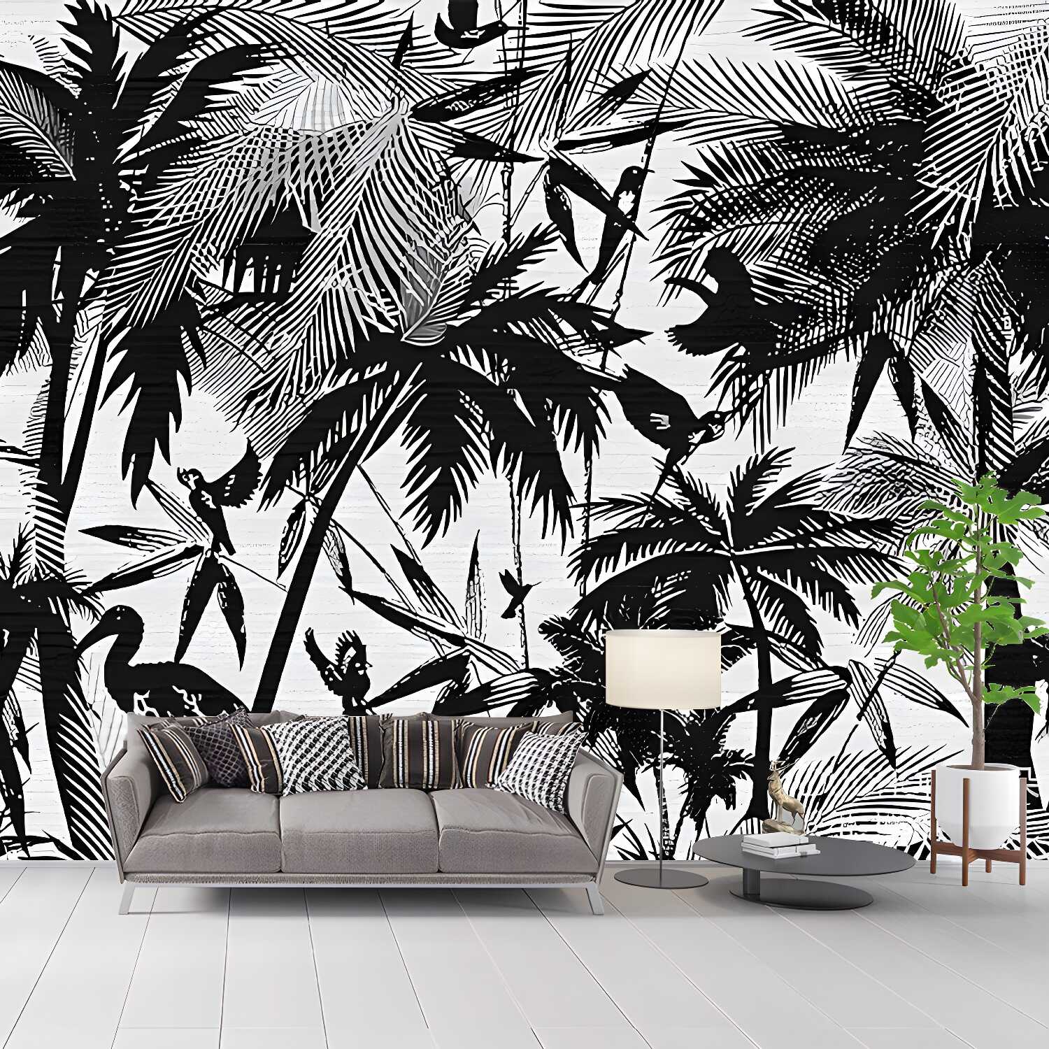 Whole Tropical Wall Paper Murals Black Coastal Palm Trees and Flamingo Painting Wall Art, Made to Measure