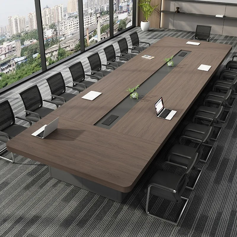 Light Natural Brown Art Deco Conference Room Table with Wear Resistant Rectangle Top for 12+ Seats in Manufactured Wood